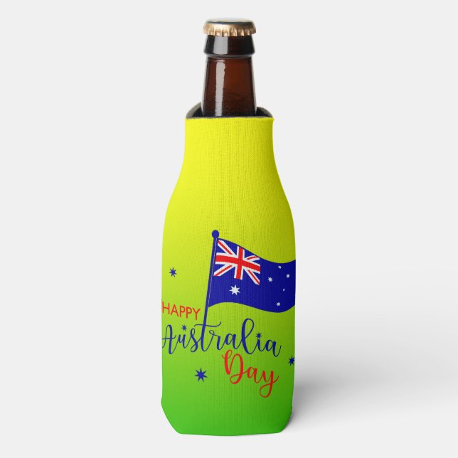 Happy Australia Day Flag Green Gold Stubby Bottle Cooler (Bottle Front)