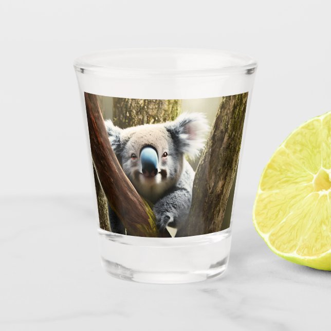 Happy Australian Koala Bear In Tree, Shot Glass (Front)
