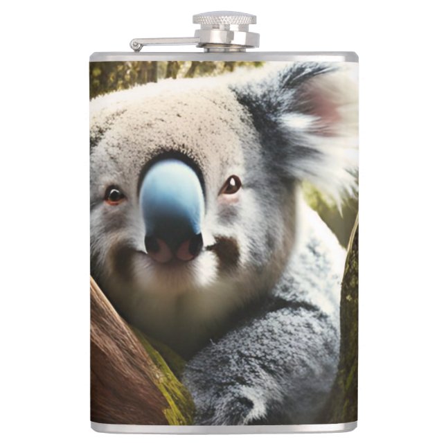 Happy Australian Koala In Tree, Hip Flask (Front)