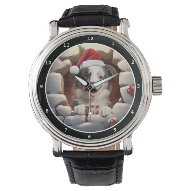 Happy Australian Shepherd Puppy Christmas Scene Watch (Front)