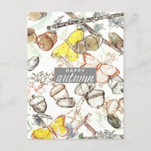 Happy Autumn Acorns Lichen Butterflies Watercolor Holiday Postcard