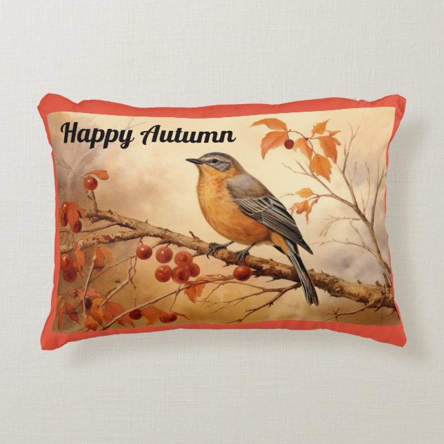 Happy Autumn Bird Accent Pillow (Front)