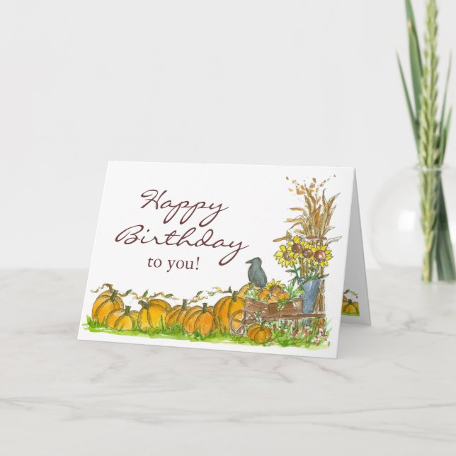 Happy Autumn Birthday Pumpkin Patch Black Crow Card (Front)