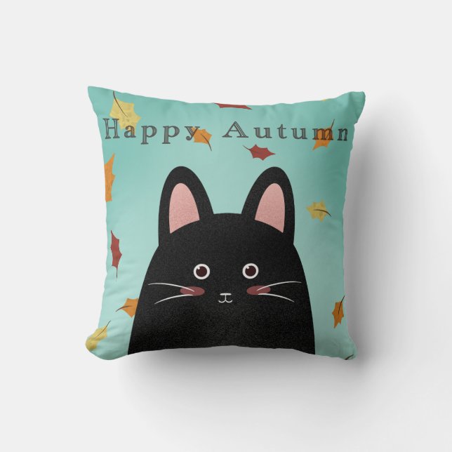 Happy Autumn Black Cat Cushion (Front)