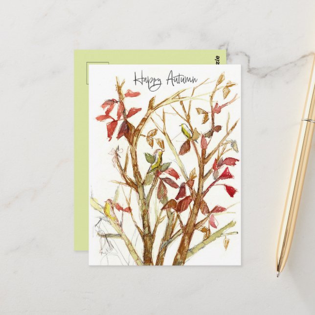 Happy Autumn Fall Colours Tree Birds Branches Postcard (Front/Back In Situ)