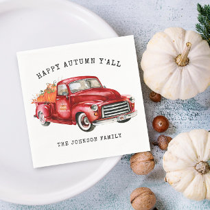 Happy Autumn Red Truck Pumpkins Personalised Napkin