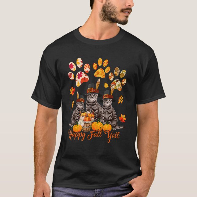 Happy Autumn Y'all Thanksgiving Three Cats Fall Ca T-Shirt (Front)