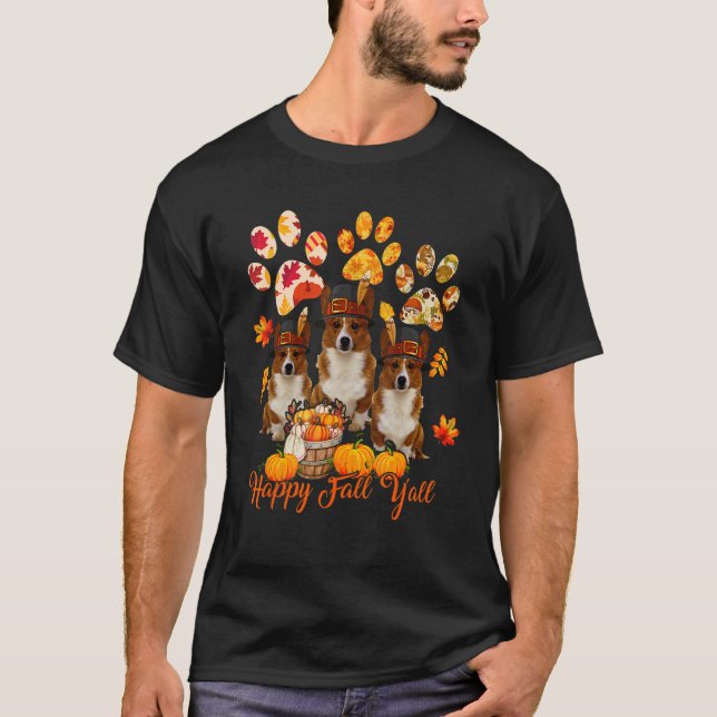 Happy Autumn Y'all Thanksgiving Three Corgis Fall  T-Shirt (Front)