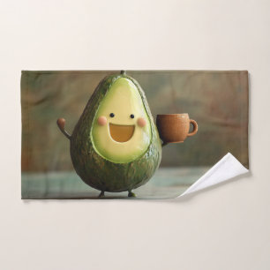 Happy Avocado Enjoying a Cup of Tea Hand Towel