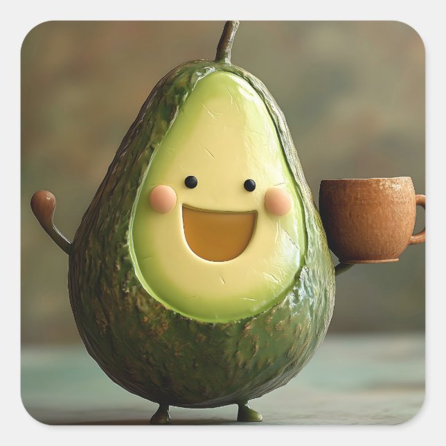 Happy Avocado Enjoying a Cup of Tea Square Sticker (Front)