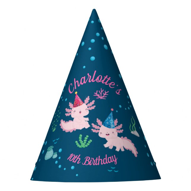 Happy Axolotl Aquatic Birthday Adventure Party Hat (Front)