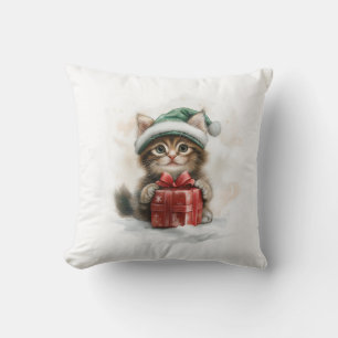 Happy Baby Cat - Maine Coon Kitten in Green Hat Cushion