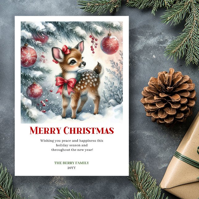 Happy baby deer winter scene snowy forest greeting holiday card (Happy baby deer winter scene snowy forest greeting card)