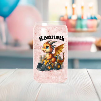 Happy baby dragon drives a digger can glass