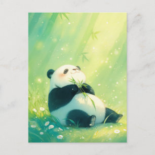 Happy Baby Panda in Sunlit Bamboo Forest Postcard