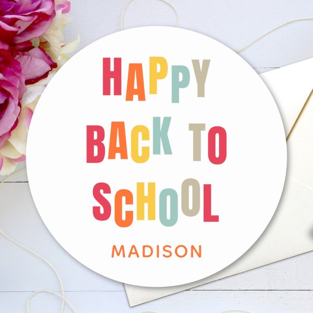 Happy Back To School Custom Text Colourful Classic Round Sticker (Creator Uploaded)