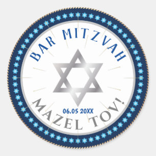 Happy Bar Mitzvah 20XX Blue Decorative Classic Round Sticker