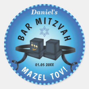 Happy Bar Mitzvah 20XX Blue Decorative Classic Round Sticker