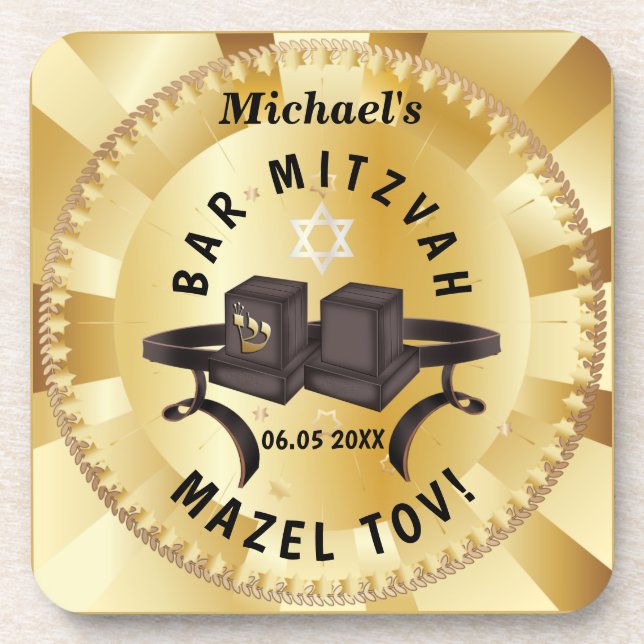Happy Bar Mitzvah 20XX Gold Decorative  Coaster (Front)