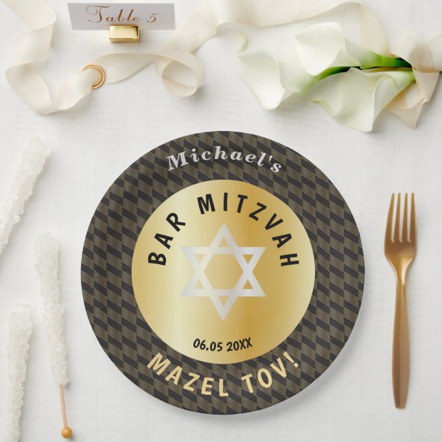 Happy Bar Mitzvah 20XX Gold Decorative  Paper Plate (Wedding)