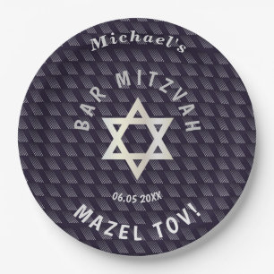 Happy Bar Mitzvah 20XX navy blue stylish pattern Paper Plate