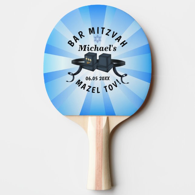 Happy Bar Mitzvah 20XX Party Blue Personalise Ping Pong Paddle (Back)