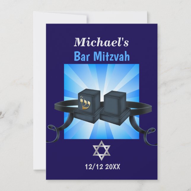 Happy Bar Mitzvah 20XX Tefillin Blue Personalised Holiday Card (Front)