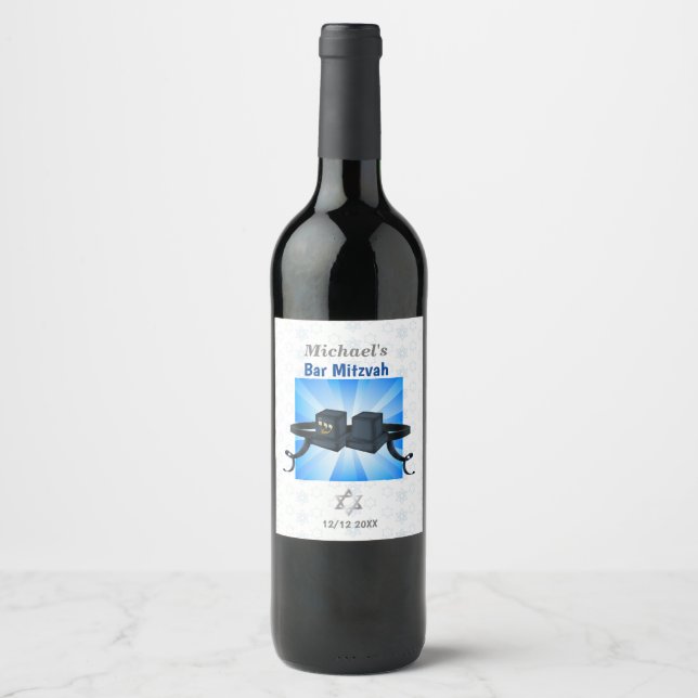 Happy Bar Mitzvah 20XX Tefillin Blue  Wine Label (Front)