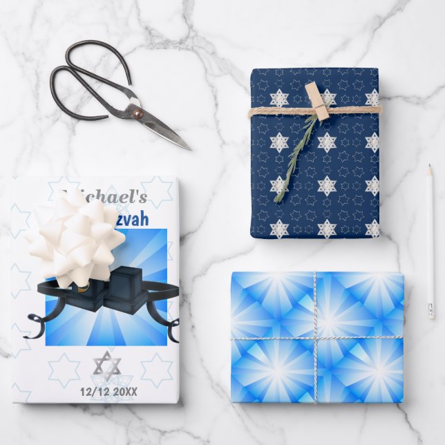 Happy Bar Mitzvah 20XX Tefillin Modern Personalise Wrapping Paper Sheet (Front)