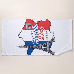 Happy Bastille Day France Map Eiffel Tower Vector_ Beach Towel