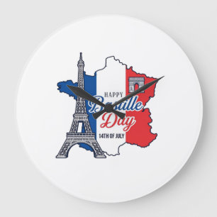 Happy Bastille Day France Map Eiffel Tower Vector_ Large Clock
