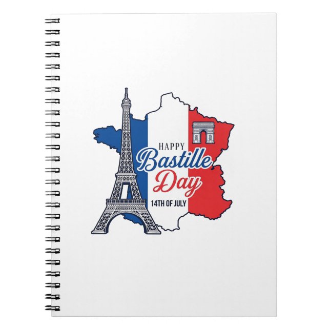 Happy Bastille Day France Map Eiffel Tower Vector_ Notebook (Front)