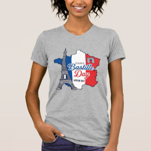 Happy Bastille Day France Map Eiffel Tower Vector_ T-Shirt