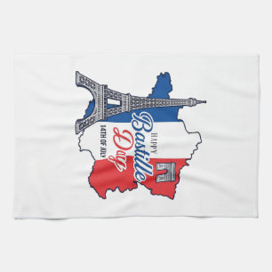 Happy Bastille Day France Map Eiffel Tower Vector_ Tea Towel