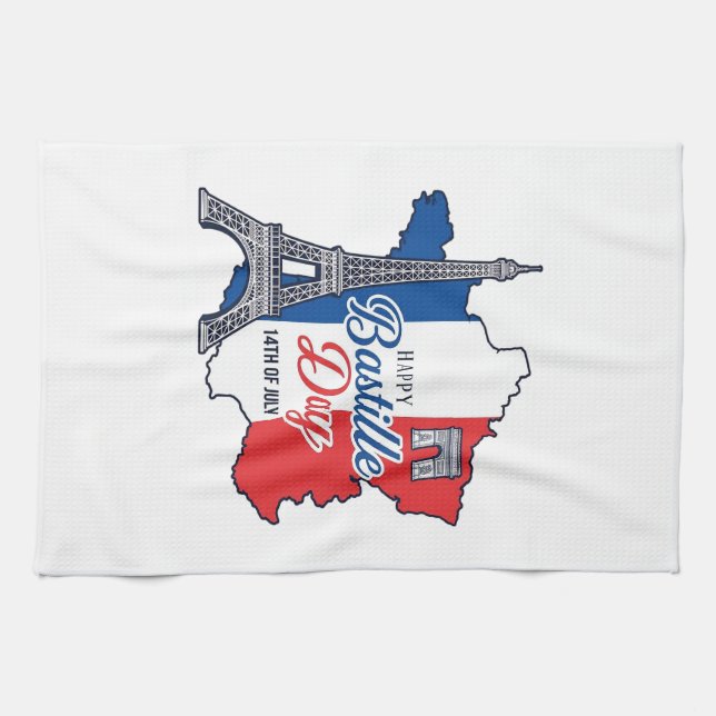 Happy Bastille Day France Map Eiffel Tower Vector_ Tea Towel (Horizontal)