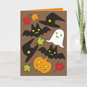 Happy Bats, Ghost, Hat & Jack O' Lantern Halloween Card