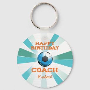 Happy Bday Soccer Coach Orange/Teal/Blue Starburst Key Ring