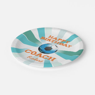 Happy Bday Soccer Coach Orange/Teal/Blue Starburst Paper Plate