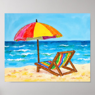 Happy Beach Chair Rainbow Watercolor Poster