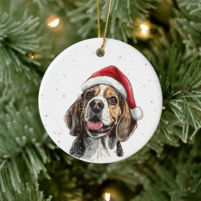 Happy Beagle Dog Christmas Personalized Ceramic Ornament (Tree)