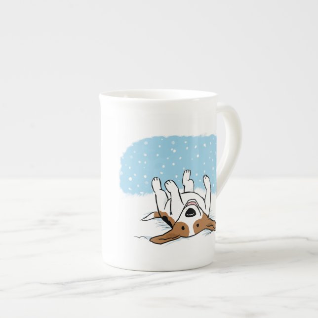 Happy Beagle Enjoying the Winter Snow Cute Holiday Bone China Mug (Front Right)