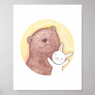 Happy Bear and Bunny Art Poster Woodland Decor