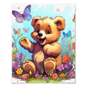 Happy Bear With Butterfly and Flower Photo Print