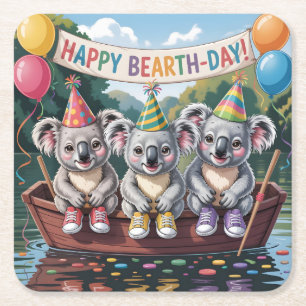 "Happy Bearth-Day" Koala Boat Party Illustration Square Paper Coaster
