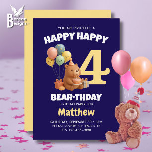 HAPPY BEARTHDAY Cute Teddy Bear 4th Birthday Invitation