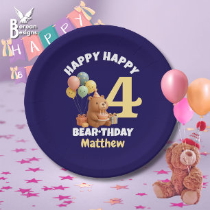 HAPPY BEARTHDAY Cute Teddy Bear 4th Birthday Paper Plate