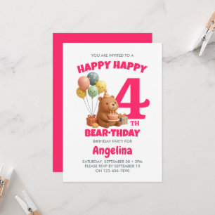 Happy BEARthday Teddy Bear Girls 4th Birthday Invitation
