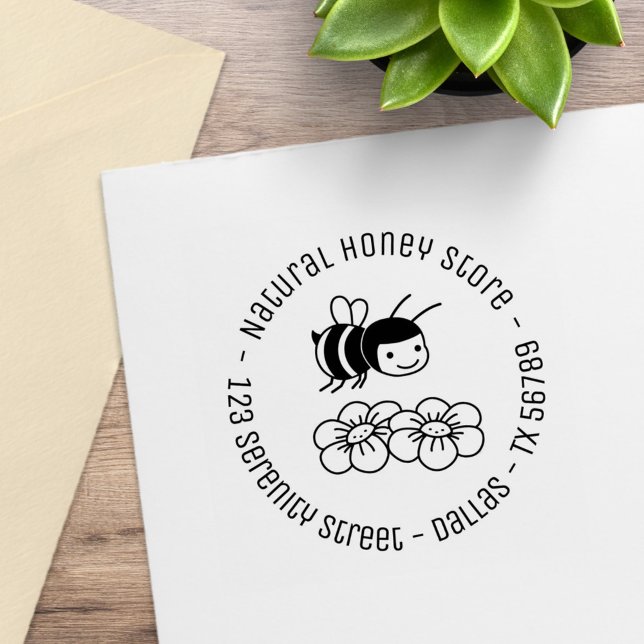 Happy Bee and Flowers Round Business Address 4 Rubber Stamp (Creator Uploaded)