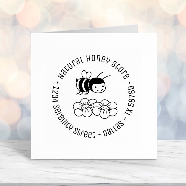 Happy Bee and Flowers Round Business Address Self-inking Stamp (Creator Uploaded)
