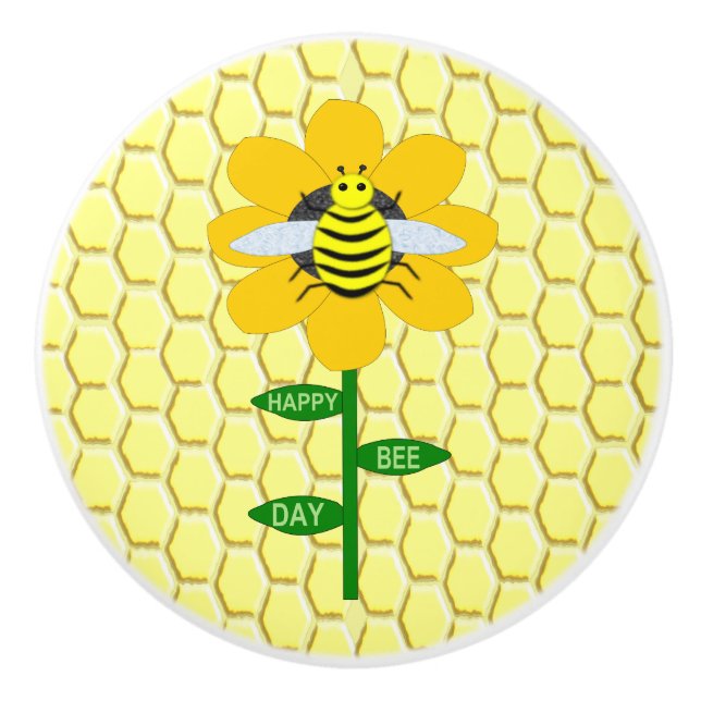 Happy Bee Day Birthday Bumblebee Ceramic Knob (Front)